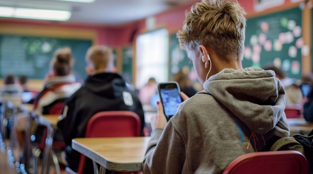 A Boy use phone in class